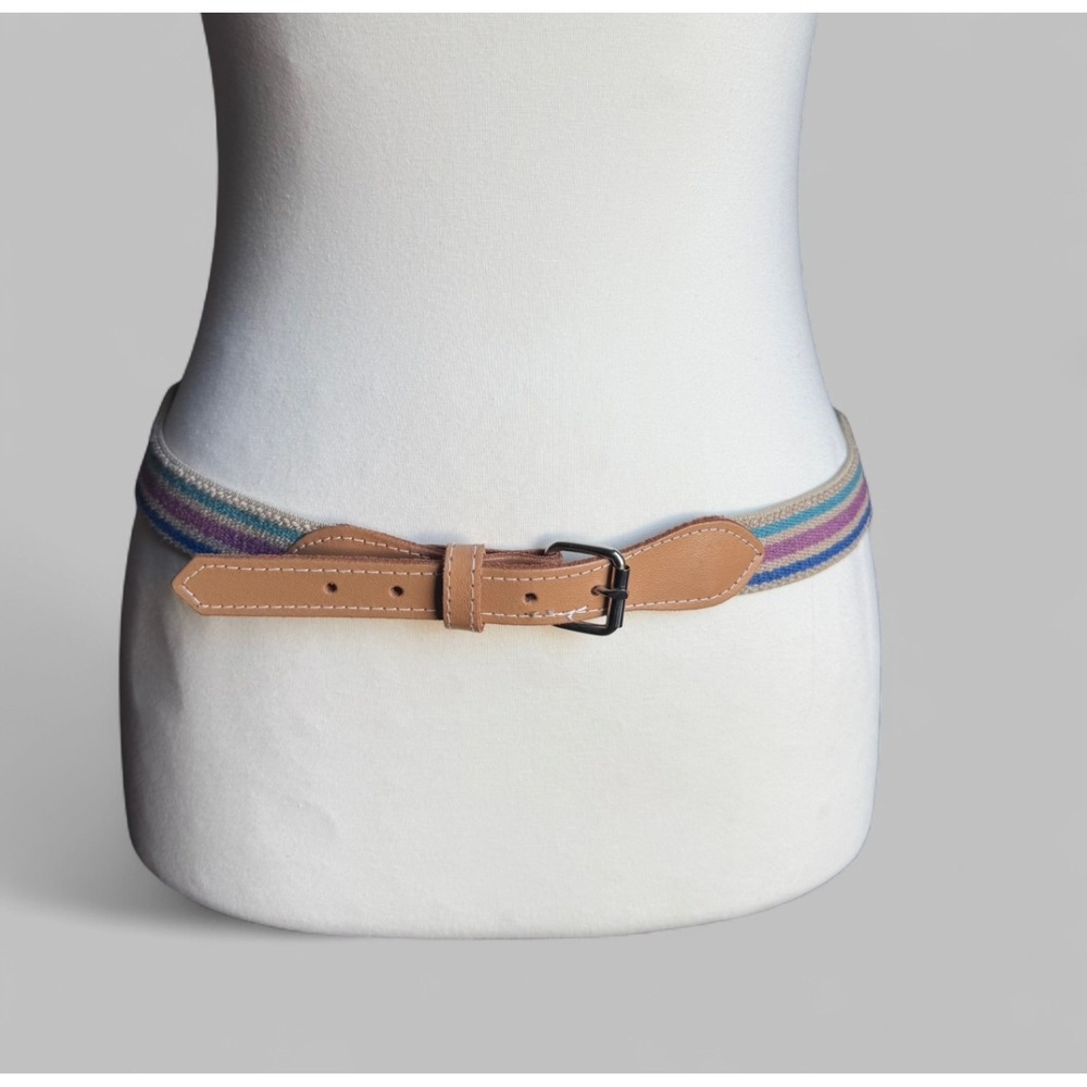 Womens Striped Fabric Belt Tan Leather Trim Buckle Casual Boho Chic‎
